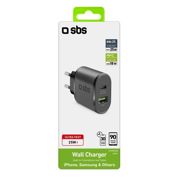 SBS Utazó adapter USB AFC/USB-C, PD 25W, fekete