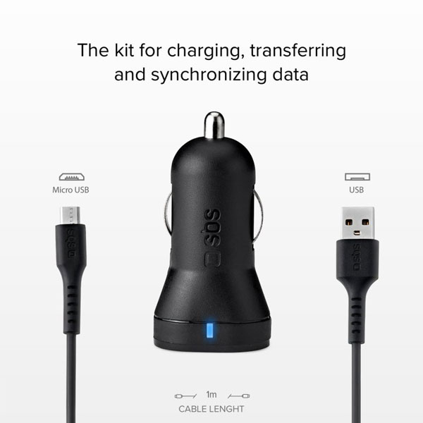 SBS Töltőkészlet az autóba USB/Micro-USB, hossza 1 m, 2,1 A, fekete SBS Töltőkészlet az autóba USB/Micro-USB, hossza 1 m, 2,1 A, fekete