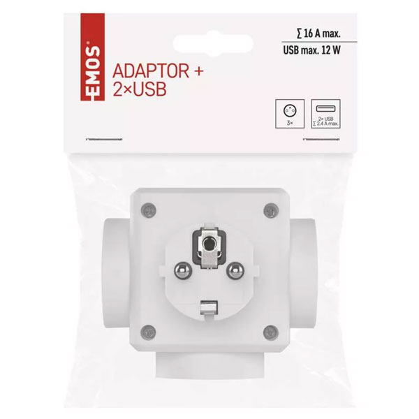Emos elágazó aljzat, 3x bemenet, 2x USB, fehér Emos elágazó aljzat, 3x bemenet, 2x USB, fehér