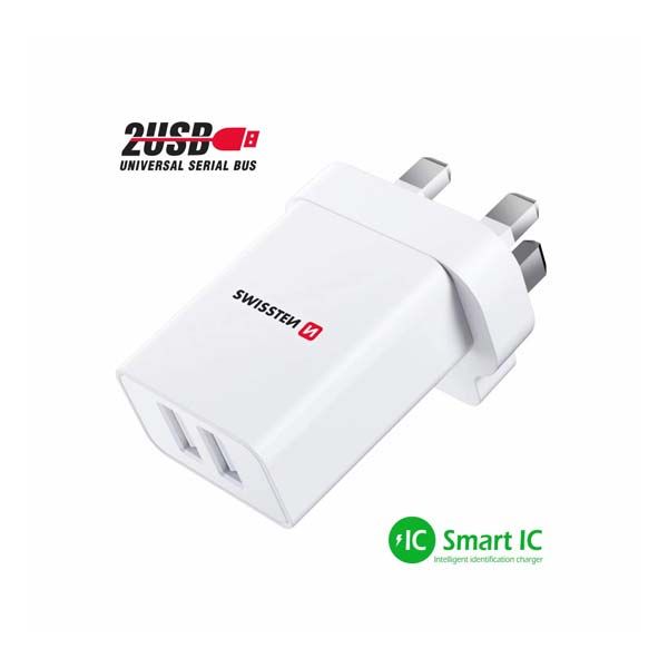 Hálózati adapter Swissten 2x USB 10,5W UK számára, fehér Hálózati adapter Swissten 2x USB 10,5W UK számára, fehér