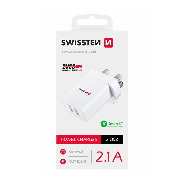 Hálózati adapter Swissten 2x USB 10,5W UK számára, fehér Hálózati adapter Swissten 2x USB 10,5W UK számára, fehér