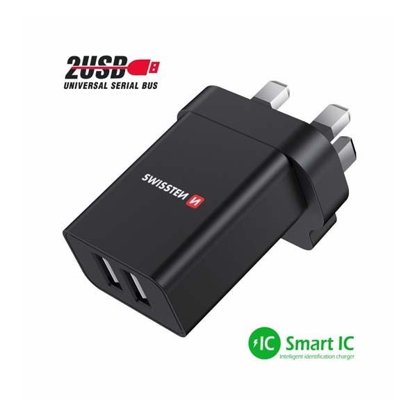 Hálózati adapter Swissten 2x USB 10,5W UK számára, fekete Hálózati adapter Swissten 2x USB 10,5W UK számára, fekete