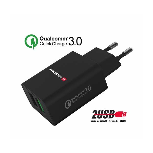 Hálózati adapter Swissten 2x USB QC 3.0 + USB, 23W, fekete Hálózati adapter Swissten 2x USB QC 3.0 + USB, 23W, fekete