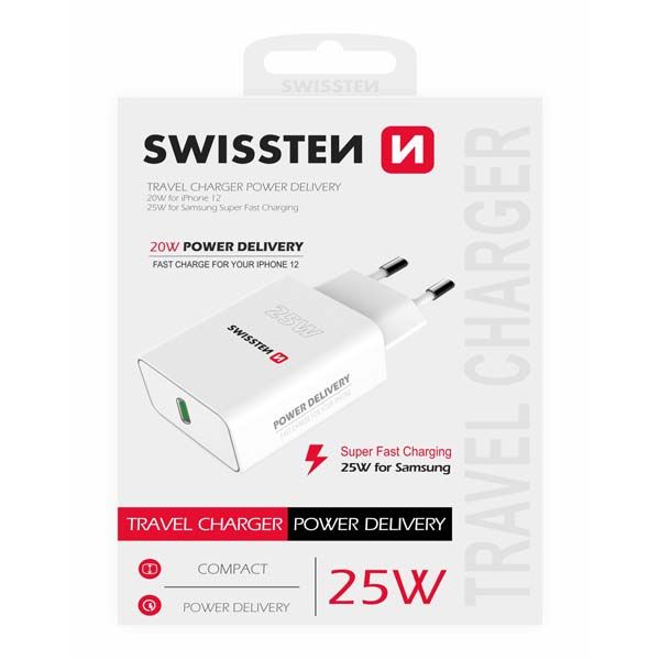 Hálózati adapter Swissten iPhone és Samsung számára PD, 25W, fehér Hálózati adapter Swissten iPhone és Samsung számára PD, 25W, fehér