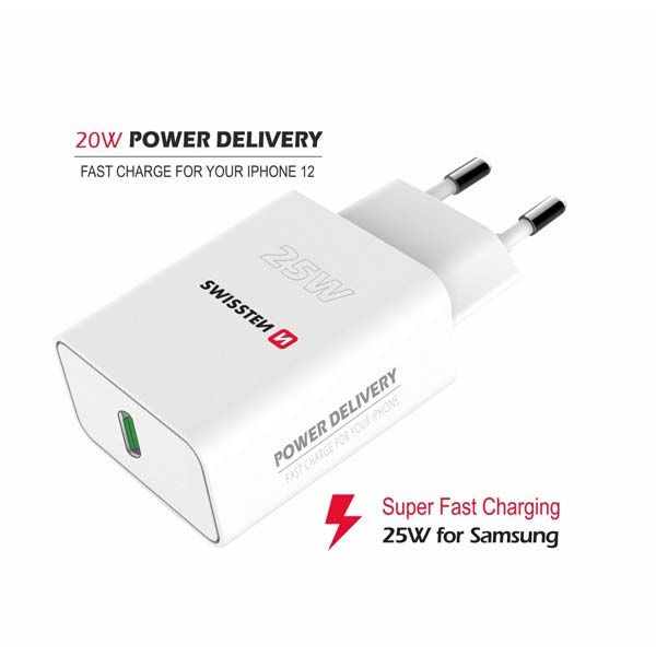 Hálózati adapter Swissten iPhone és Samsung számára PD, 25W, fehér Hálózati adapter Swissten iPhone és Samsung számára PD, 25W, fehér
