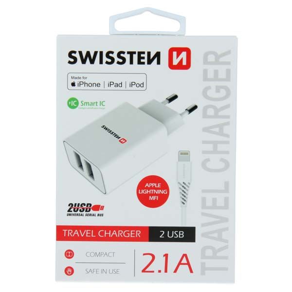 Hálózati Adapter Swissten Smart IC 2x USB 2,1A + Adatkábel USB / Lightning MFi 1,2 m, fehér Hálózati Adapter Swissten Smart IC 2x USB 2,1A + Adatkábel USB / Lightning MFi 1,2 m, fehér