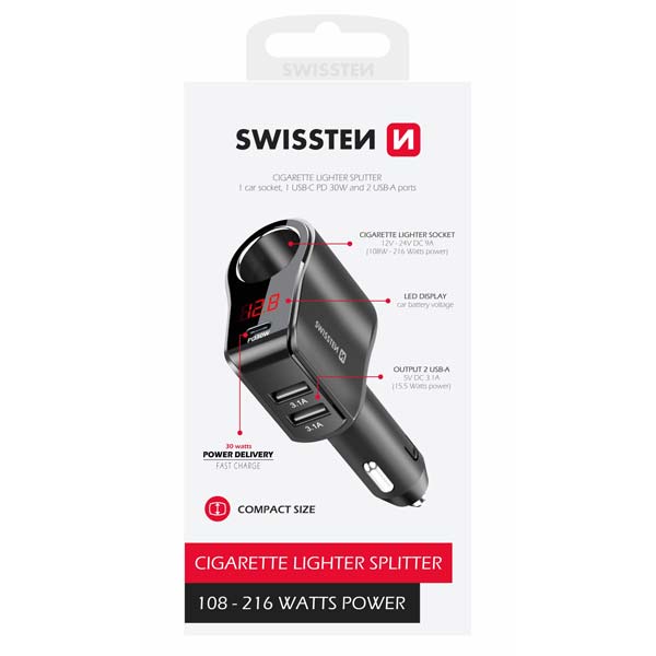 Swissten Autoadapter 1x CL, 1x UCB-C PD és 2x USB-A kimenettel, 108W - 216W, fekete