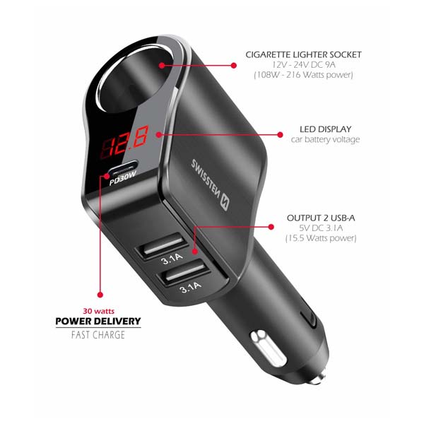 Swissten Autoadapter 1x CL, 1x UCB-C PD és 2x USB-A kimenettel, 108W - 216W, fekete