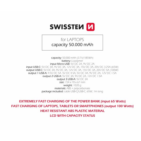 Swissten Power Line Powerbank 50000 mAh 100W, PD, fekete