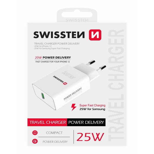Hálózati adapter Swissten iPhone és Samsung számára PD, 25W, fehér