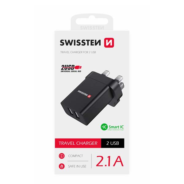 Hálózati adapter Swissten 2x USB 10,5W UK számára, fekete