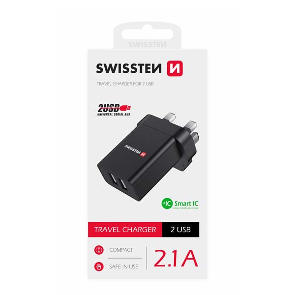 Hálózati adapter Swissten 2x USB 10,5W UK számára, fekete Hálózati adapter Swissten 2x USB 10,5W UK számára, fekete