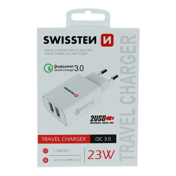 Hálózati adapter Swissten 2x USB QC 3.0 + USB, 23W, fehér