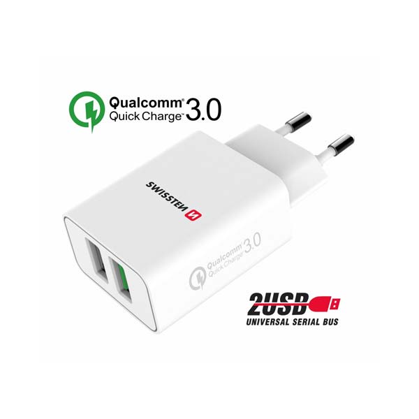 Hálózati adapter Swissten 2x USB QC 3.0 + USB, 23W, fehér