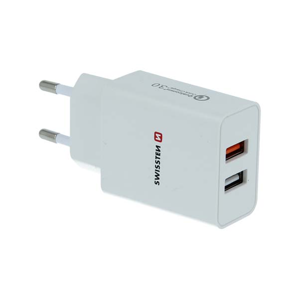 Hálózati adapter Swissten 2x USB QC 3.0 + USB, 23W, fehér