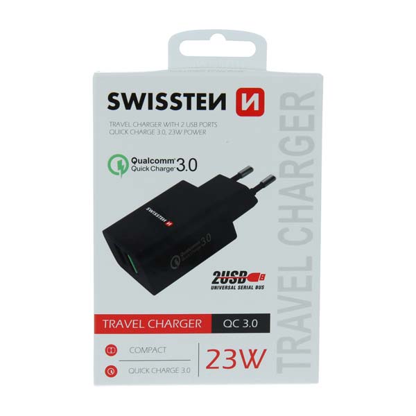 Hálózati adapter Swissten 2x USB QC 3.0 + USB, 23W, fekete