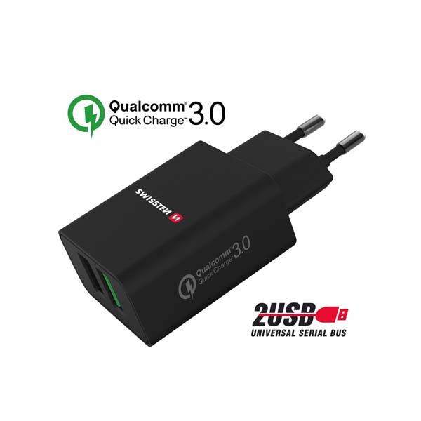 Hálózati adapter Swissten 2x USB QC 3.0 + USB, 23W, fekete