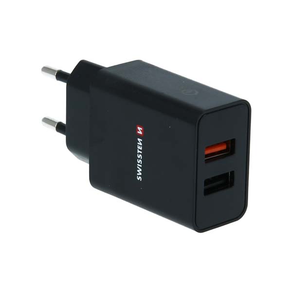 Hálózati adapter Swissten 2x USB QC 3.0 + USB, 23W, fekete