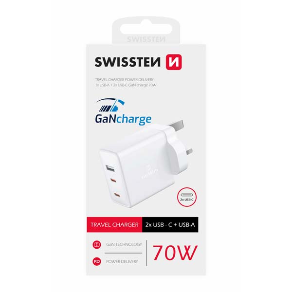 Swissten hálózati adapter GaN 2x USB-C + 1x USB 70W UK csatlakozóaljzathoz, fehér