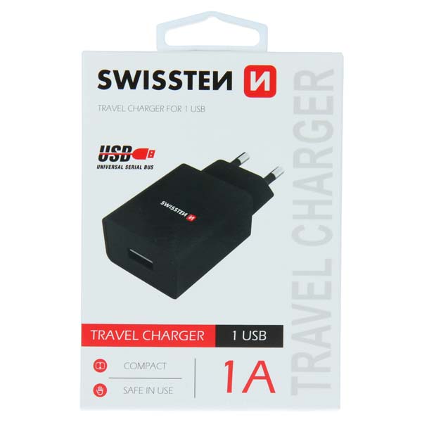 Hálózati adapter Swissten Smart IC 1x USB 1A, fekete