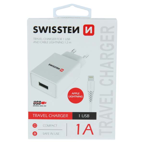 Hálózati adapter Swissten Smart IC 1x USB 1A + Adatkábel USB / Lightning 1,2 m, fehér