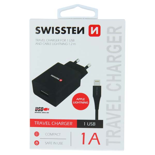Hálózati adapter Swissten Smart IC 1x USB 1A + Adatkábel USB / Lightning 1,2 m, fekete