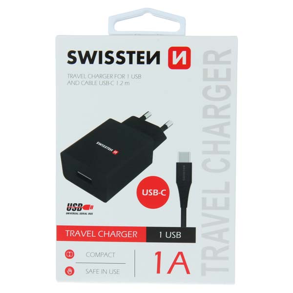 Hálózati adapter Swissten Smart IC 1x USB 1A + Adatkábel USB / Type C 1,2 m, fekete