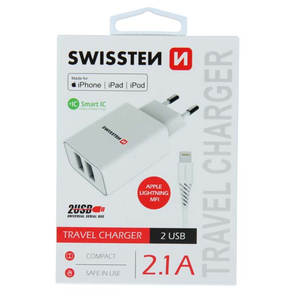 Hálózati Adapter Swissten Smart IC 2x USB 2,1A + Adatkábel USB / Lightning MFi 1,2 m, fehér