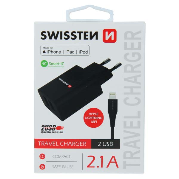 Hálózati adapter Swissten Smart IC 2x USB 2,1A Power + Adatkábel USB / Lightning MFi 1,2 m, fekete