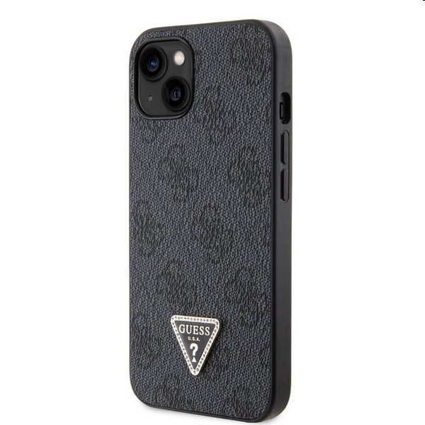 Guess PU 4G Strass Triangle Metal Logo tok + Crossbody pánt iPhone 15 számára. fekete