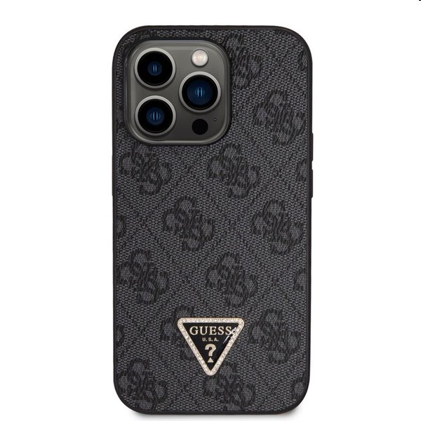 Guess PU 4G Strass Triangle Metal Logo tok + Crossbody pánt iPhone 15 Pro Max számára. fekete
