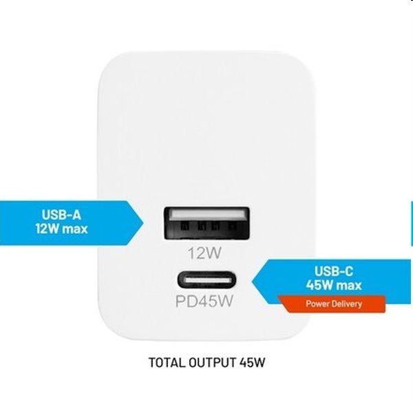 FIXED Mini Hálózati töltő USB-C/USB, 45W, fehér