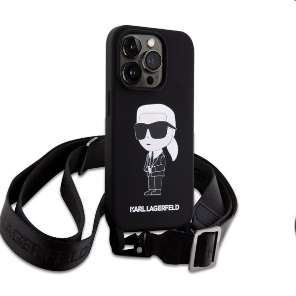 Karl Lagerfeld Liquid Silicone Crossbody Ikonik Apple iPhone 15 Pro számára, fekete