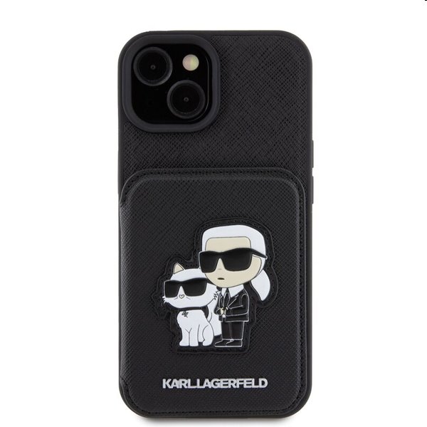 Karl Lagerfeld PU Saffiano Card Slot Stand Karl and Choupette tok Apple iPhone 15 számára, fekete