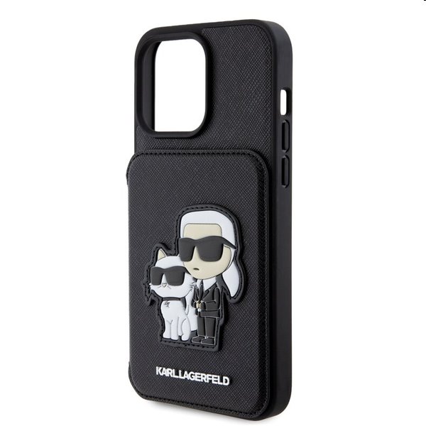 Karl Lagerfeld PU Saffiano Card Slot Stand Karl and Choupette tok Apple iPhone 15 Pro Max számára, fekete