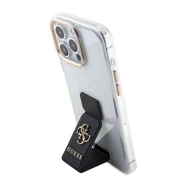 Guess PU Grip Stand 4G Metal Logo Hátlapi tok iPhone 15 Pro számára, fekete