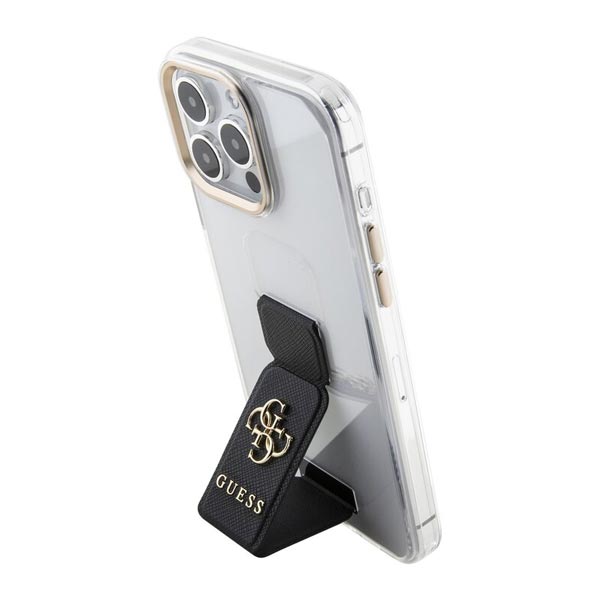 Guess PU Grip Stand 4G Metal Logo Hátlapi tok iPhone 15 Pro Max számára, fekete