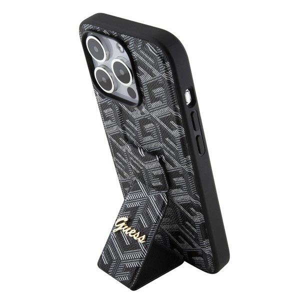 Guess PU Grip Stand G Cube Hátlapi tok iPhone 15 Pro számára, fekete