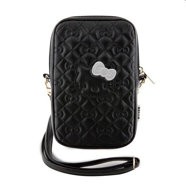 Hello Kitty PU Leather Quilted Pattern Kitty Head Logo Phone Bag, fekete