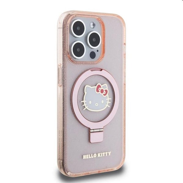 Hello Kitty IML Ringstand Glitter Kitty Head Logo MagSafe hátlapi tok Apple iPhone 15 Pro Max számára, rózsaszín