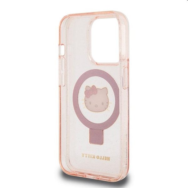 Hello Kitty IML Ringstand Glitter Kitty Head Logo MagSafe hátlapi tok Apple iPhone 15 Pro számára, rózsaszín