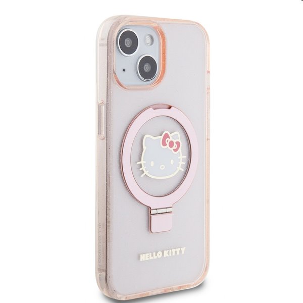 Hello Kitty IML Ringstand Glitter Kitty Head Logo MagSafe hátlapi tok Apple iPhone 15 számára, rózsaszín