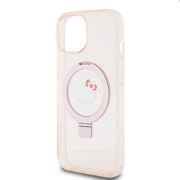 Hello Kitty IML Ringstand Glitter Kitty Head Logo MagSafe hátlapi tok Apple iPhone 15 számára, rózsaszín