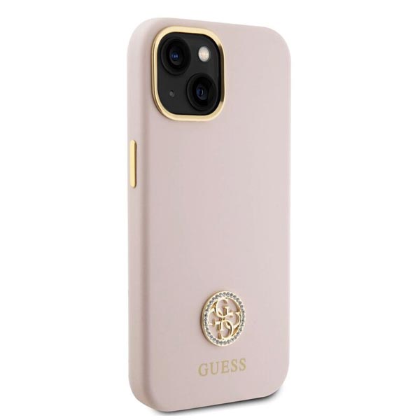 Guess Liquid Silicone 4G Strass Metal Logo Hátlapi tok iPhone 15 számára, rózsaszín