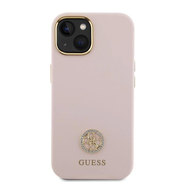 Guess Liquid Silicone 4G Strass Metal Logo Hátlapi tok iPhone 15 számára, rózsaszín