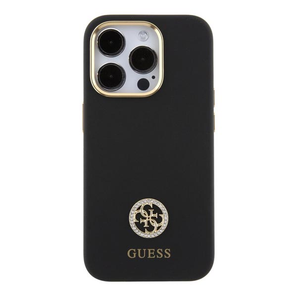 Guess Liquid Silicone 4G Strass Metal Logo Hátlapi tok iPhone 15 Pro számára, fekete