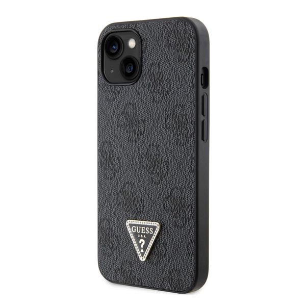 Guess PU 4G Strass Triangle Metal Logo Hátlapi tok + Crossbody pánt iPhone 15 számára, fekete