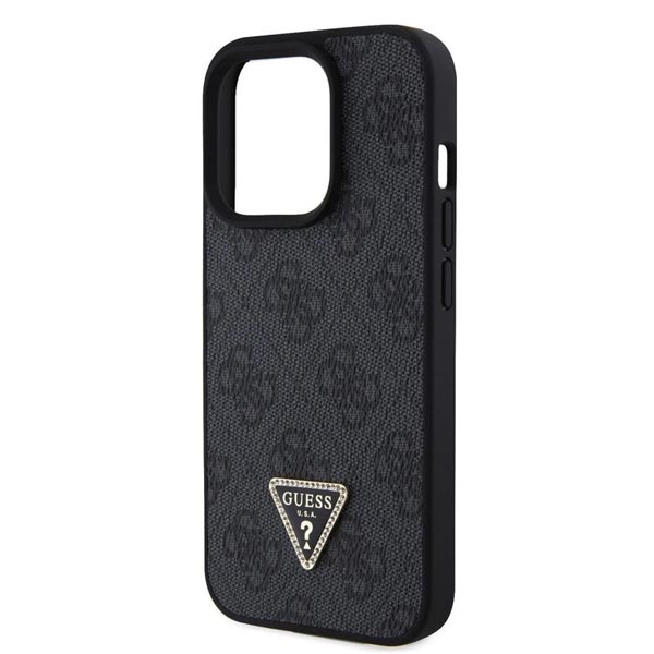 Guess PU 4G Strass Triangle Metal Logo Hátlapi tok + Crossbody pánt iPhone 15 Pro számára, fekete