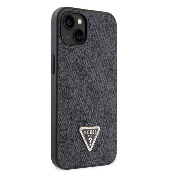 Guess PU 4G Strass Triangle Metal Logo Hátlapi tok iPhone 15 számára, fekete