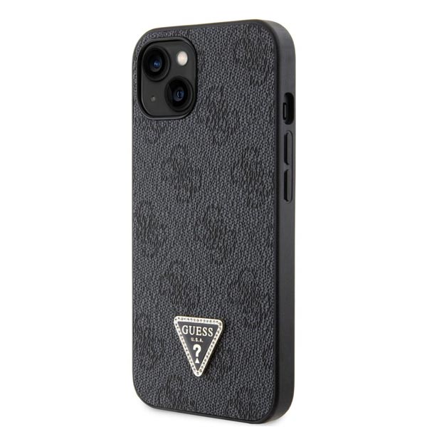 Guess PU 4G Strass Triangle Metal Logo Hátlapi tok iPhone 15 számára, fekete